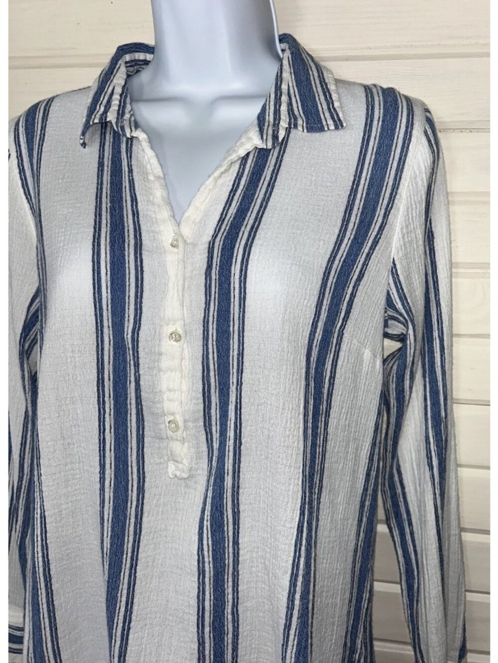 J.CREW Sz SMALL Popover Tunic 100% Cotton Gauze Beachy Stripe Stretch L/S EUC